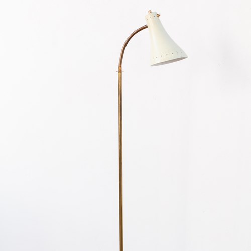 50'S Italian Brass Floor Lamp With Cream Metal Cone
