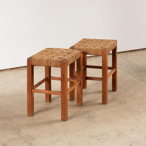 Pair Of Pine Stools With Woven Sisal Cord Seats, C1960