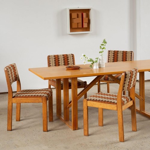 Set Of 4 Pine Chairs With Original Wool Upholstery, C1960