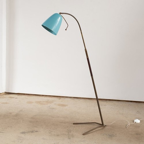 1950S Brass, Metal And Leather Floor Lamp With Blue Perforated Shade