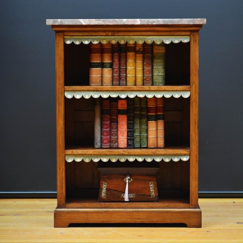 English Figured Walnut Open Bookcase With Marble Top