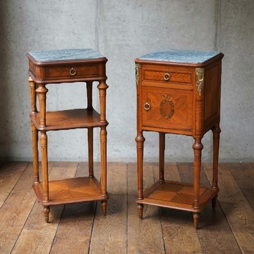 Pair Of Antique Marble Topped Satinwood Bedside Cabinets