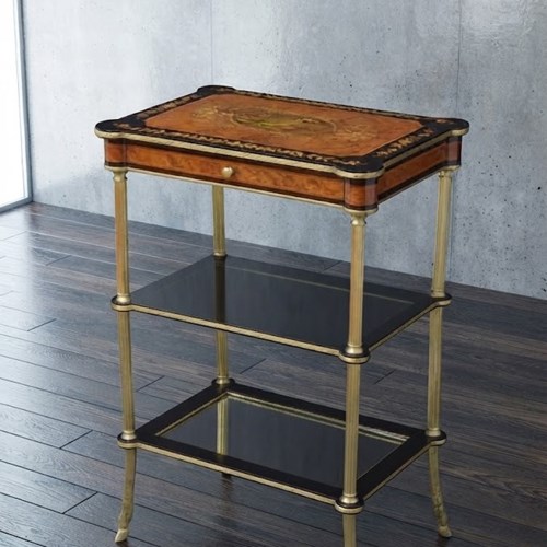 French Lamp Table With Drawer, Mirrored Tiers And Hoof Feet