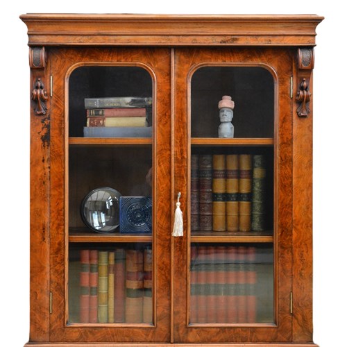 English Victorian Bookcase In Figured Walnut Glazed Door