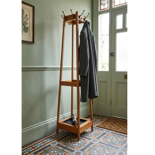 Oak Coat Stand With Double Hooks And Umbrella Holder