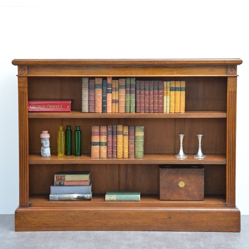 Unusually Low English Late Victorian Solid Oak Open Bookcase