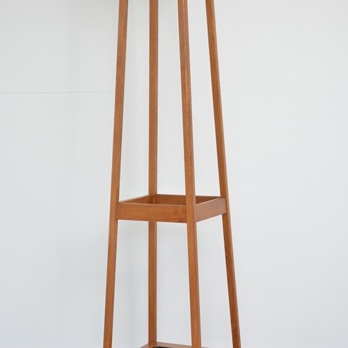 Mid-Century Modern Oak Coat Stand With Integrated Umbrella Holders And Drip Tray
