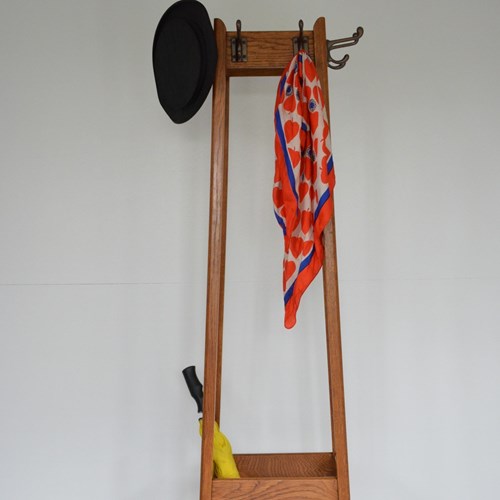 Mid Century Oak Coat Stand With Umbrella Holders And Drip Tray