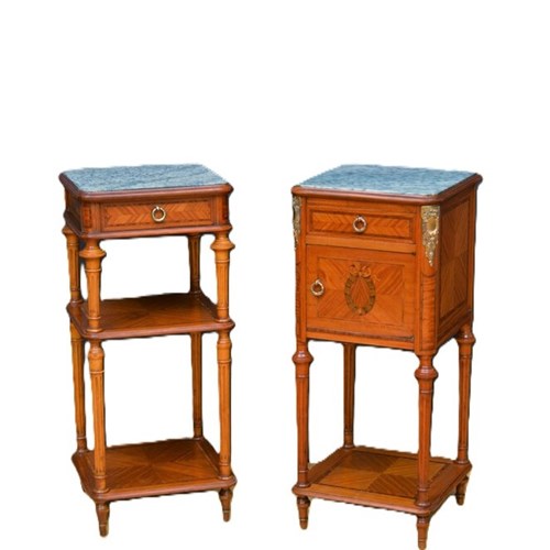 Pair Of Antique Marble Topped Satinwood Bedside Cabinets