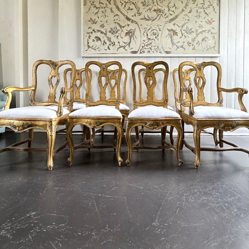 A Set Of 18Th Century Venetian Hand Painted Gilt Wood Chairs