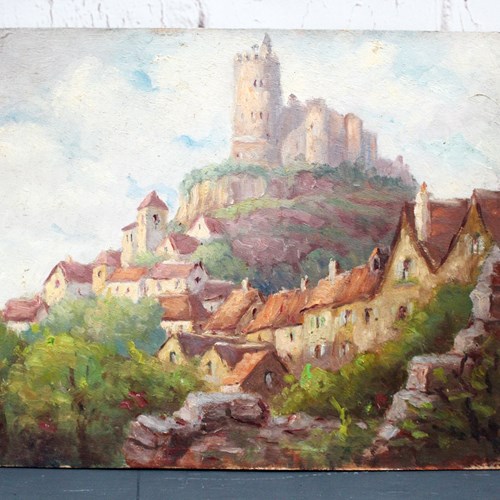 1930'S French Oil On Board Village On A Hill Painting