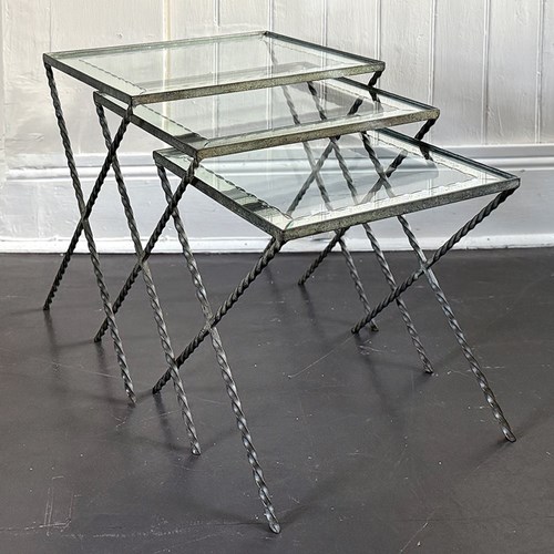 A 1940'S French Nest Of X-Frame Tables With Etched Glass Tops