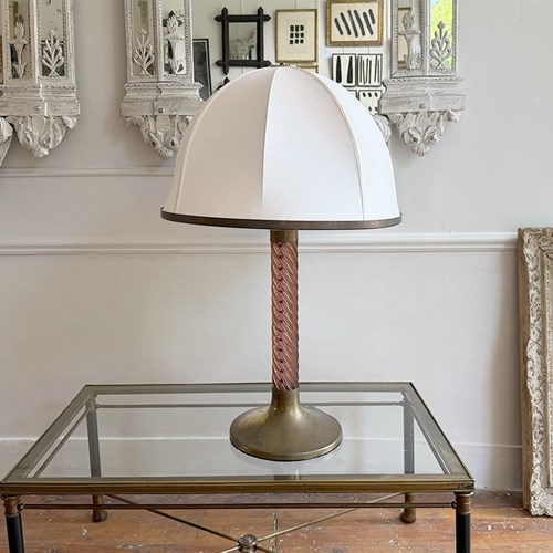 A Large Brass Table Lamp With Pink Plexiglass Stem By Ferdinando Loffredo