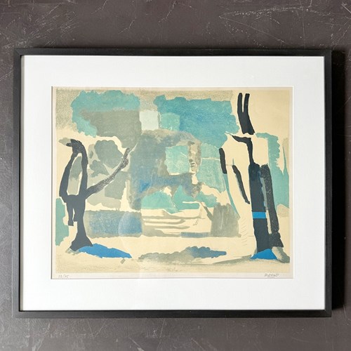 A Mid Century Blue Tone Abstract Landscape - Signed Lithograph