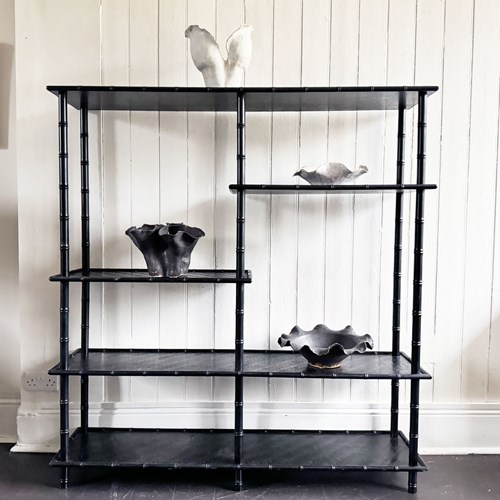 A 1950'S French Black Faux Bamboo Etagere