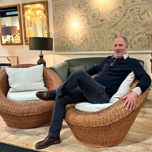 A Very Large Pair Of Round Woven Rattan 1970'S Lounge Chairs