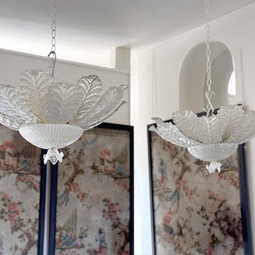 A Pair Of Large 1970'S Murano Glass Leaf Chandeliers
