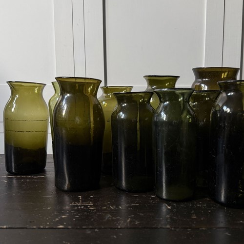 18Th/19Th C French Free Blown Green Glass Truffle Jars