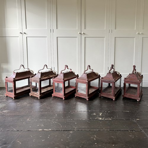 Vintage French Red Painted & Glazed Lanterns - 6 Available