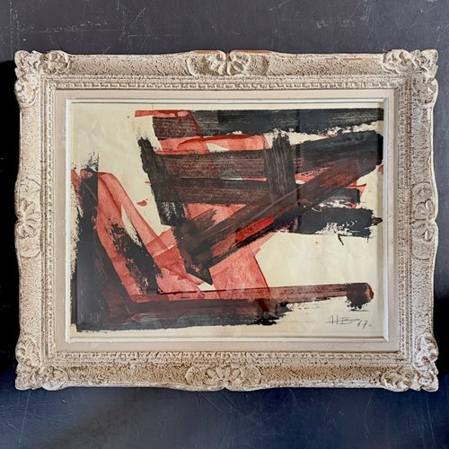 A Vintage French Abstract Red & Black Abstract Artwork In Montparnasse Frame