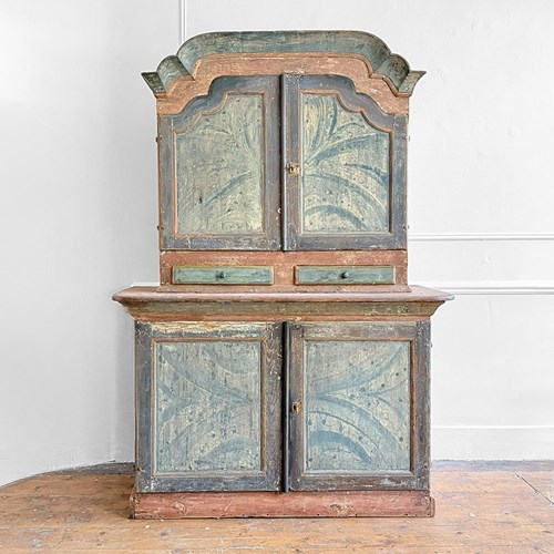 A Late 18Th C Two Piece Swedish Cupboard With Original Paint