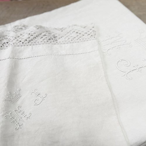A 19Th C Monogrammed Linen Sheet With Crown Over MJ Initials & Matching Pillowca