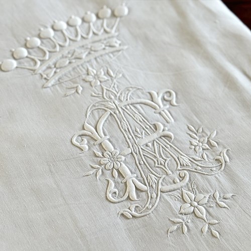 Rare Antique French Linen Sheet With Crown Monogram AE/EA