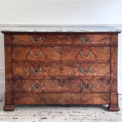 An Early 19Th C French Burr Walnut Commode With Arabescato Marble Top