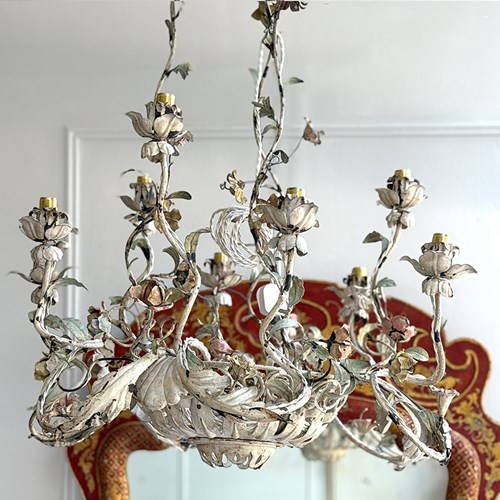 A 19Th C French Polychrome Tole Basket Chandelier