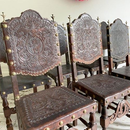 A Set Of Eight 19Th Century Portuguese Embossed Leather Dining Chairs