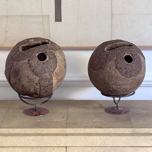 A Pair Of Antique Pyrenean Wooden Bowling Balls On Stands