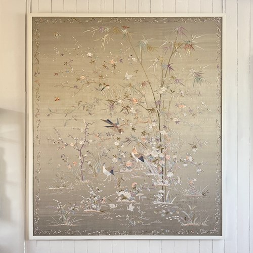 A Very Large Antique Cantonese Framed Hand-Embroidered Silk