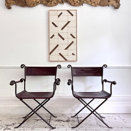 A Pair Of 19Th C Savonarola Iron & Leather Italian Campaign Chairs