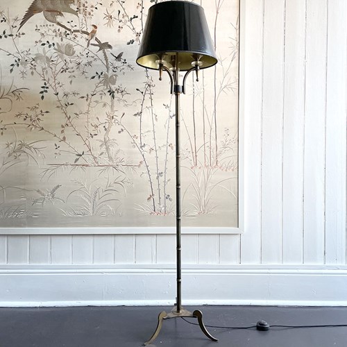 A 1950'S French Faux Bamboo Standing Lamp On Brass Tripod Legs