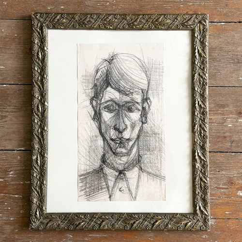 Mid Century French Pencil Portrait In Vintage Giltwood Frame