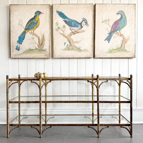 Spanish Gilt Metal Faux Bamboo Console Table With Glass Shelves
