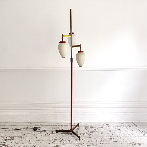 A 1950'S Italian Standing Lamp With Red Stem & Opaline Shades