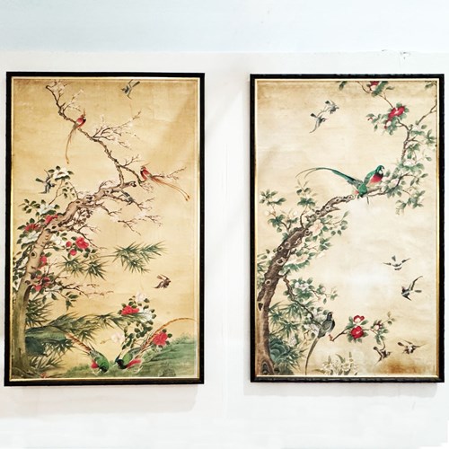 An Exquisite Pair Of Late 18Th C Painted Chinoiserie Paper Panels