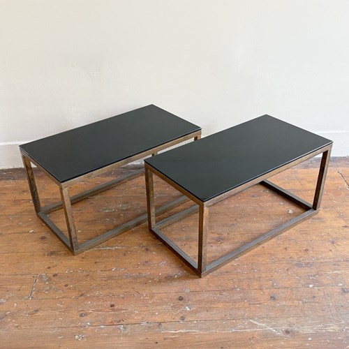 A Pair Of 1950'S French Brass & Black Glass Side Tables