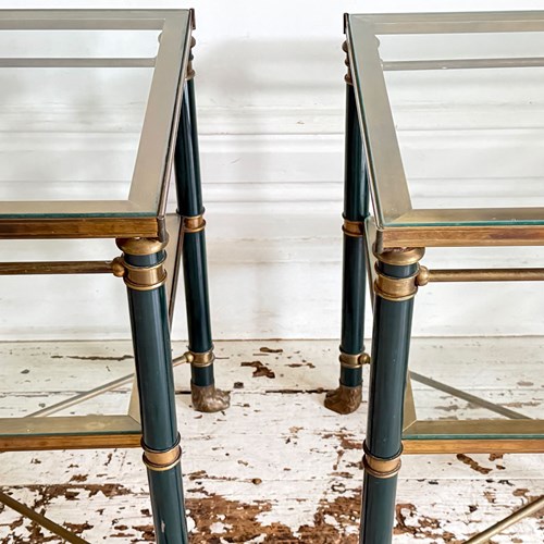 A Pair Of 1950'S French Brass Polychrome & Glass Side Tables By Maison Jansen