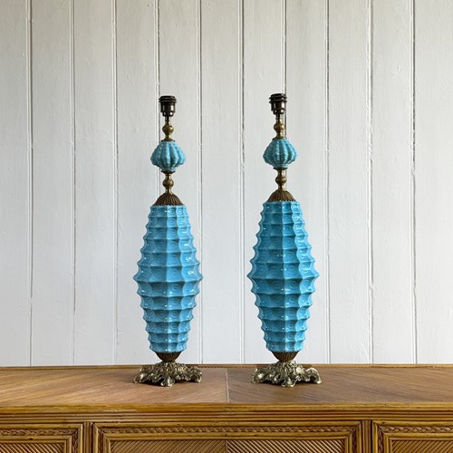 A Rare Pair Of Manises Turquoise Ceramic & Bronze Table Lights
