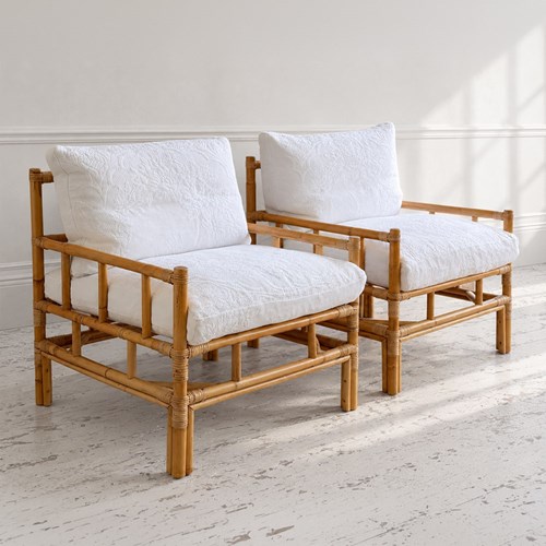 A Pair Of 1970'S French Bamboo Armchairs With Antique Piqué Upholstery