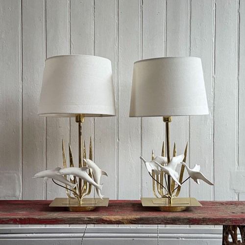 A Pair Of 1970'S Table Lamps Decorated With Dolpins & Birds