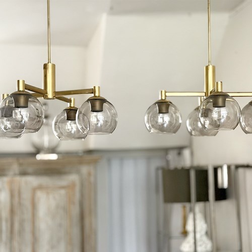 A Pair Of 1970'S French Brass Plated Pendant Lights With Original Glass Shades