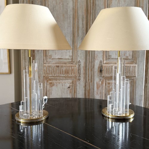 A Pair Of 1970'S Italian Perspex And Brass Plated Table Lamps
