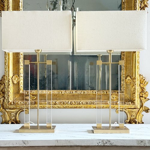 A Pair Of 1970'S French Perspex & Brass Table Lamps