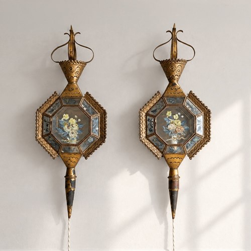 A Pair Of 1940'S Spanish Gilt Metal Wall Lanterns With Flower Decoration