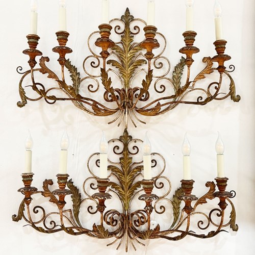 A Substantial Pair Of Antique Six Light Italian Gilt Wood & Metal Wall Sconces