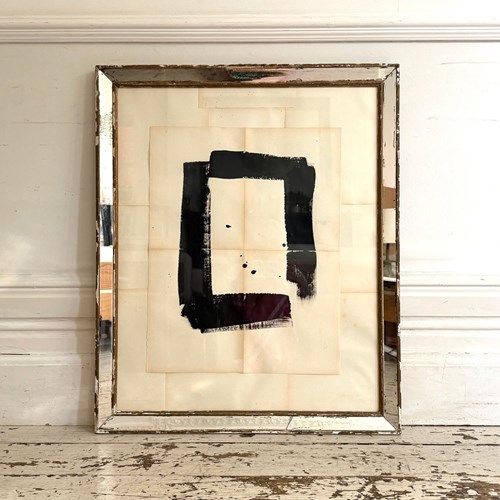 A Large Abstract Ink On Paper Artwork In Vintage Mirrored Frame