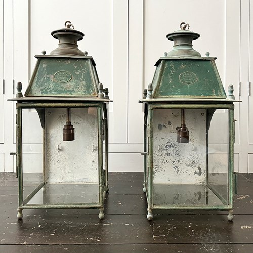 A Pair Of 19Th C Parisian Verdigris Wall Hanging Lanterns